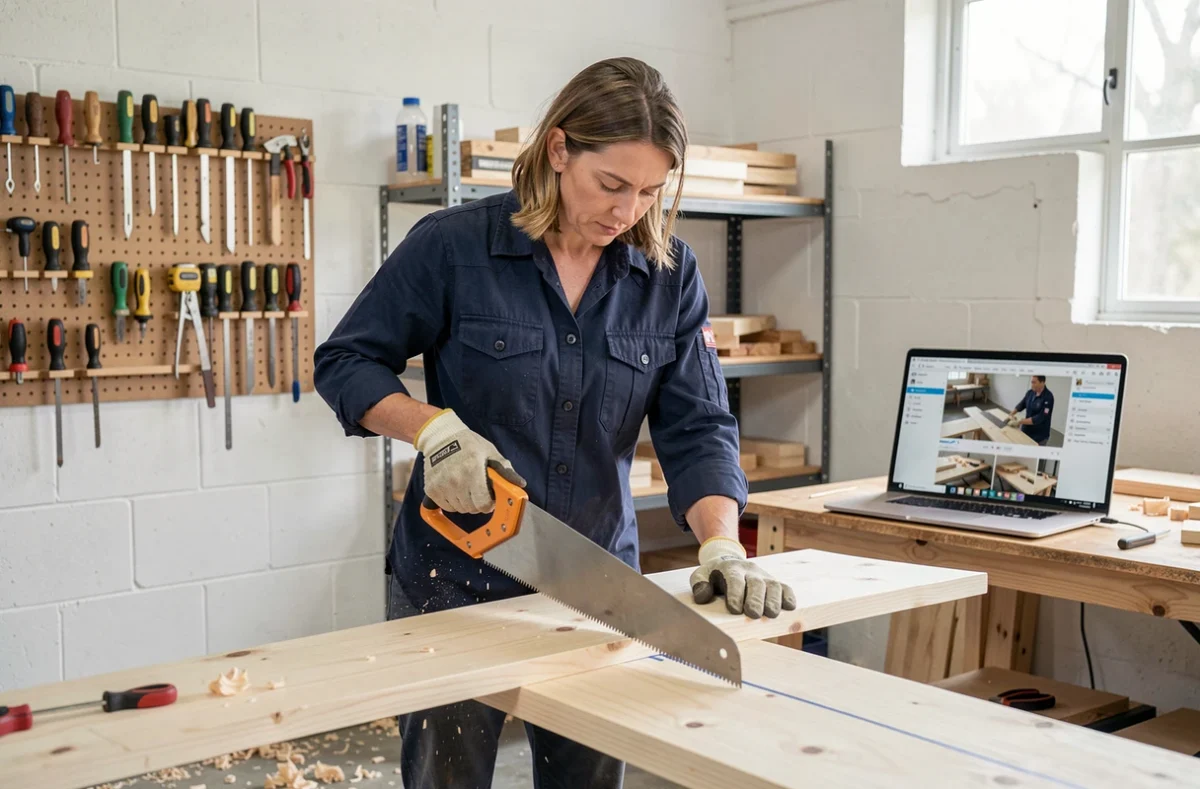 Femme apprenant la menuiserie à domicile en suivant un tutoriel vidéo pas à pas sur ordinateur portable dans un garage aménagé