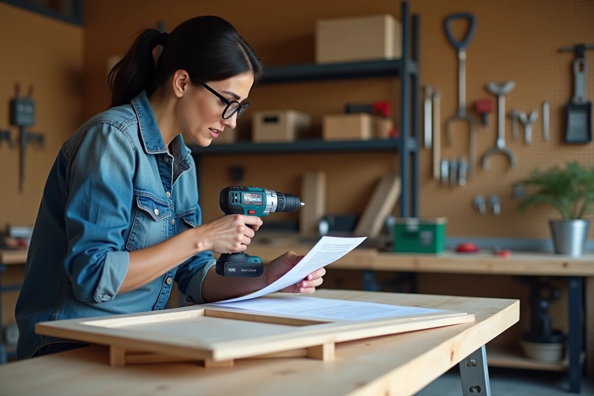 Femme bricolant dans un atelier garage, consultant des instructions imprimées pour réparer un meuble avec une perceuse, cours pratique de bricolage