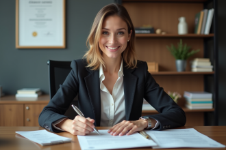 Femme confiante remplissant documents officiels au bureau