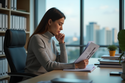Femme en bureau lisant brochure formation professionnelle