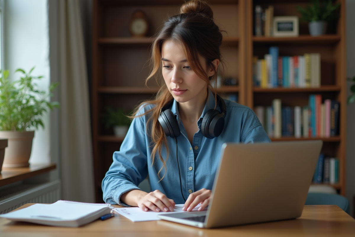Femme concentrée travaillant sur son ordinateur dans un bureau cosy