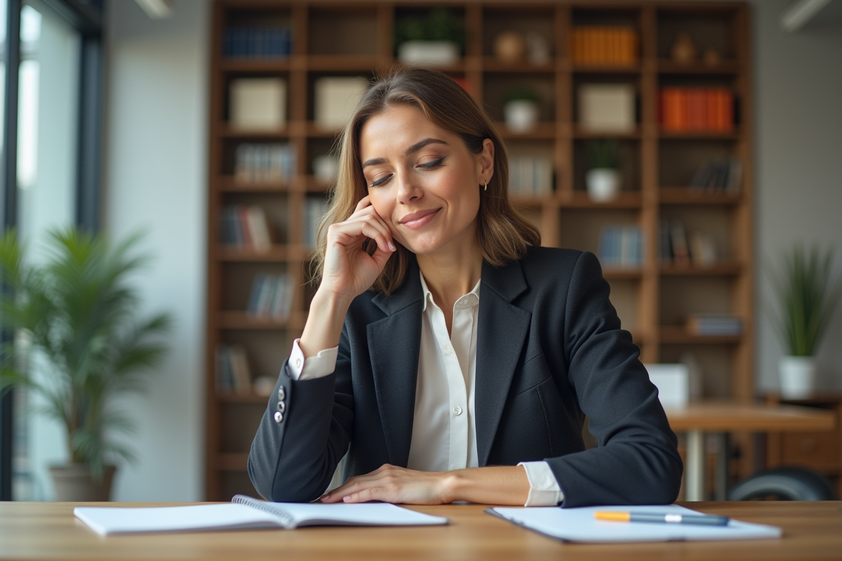 Femme en blazer réfléchissant à ses notes dans un bureau moderne