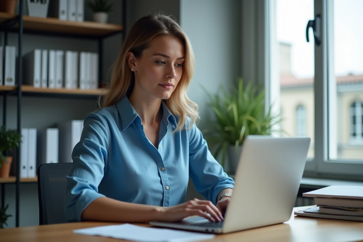 Femme au bureau à Amiens utilisant un ordinateur portable