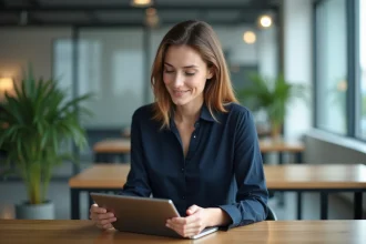 Jeune femme professionnelle au bureau avec tablette et ordinateur