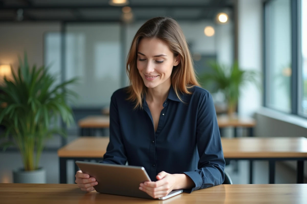 Jeune femme professionnelle au bureau avec tablette et ordinateur