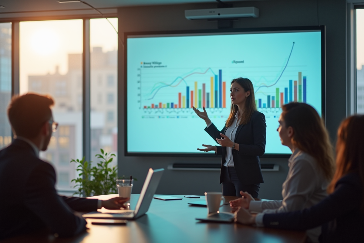 Femme d'affaires confiante présente avec un projecteur moderne