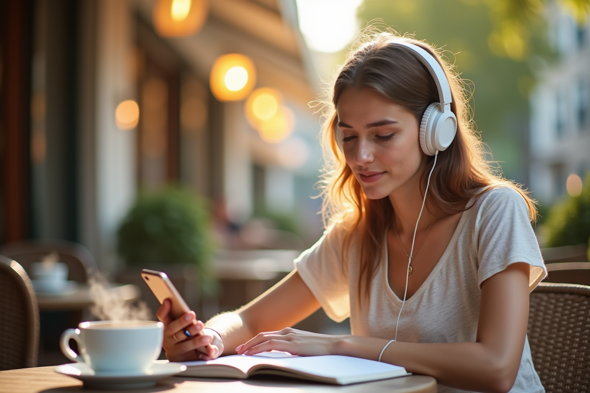 Jeune femme écoutant de la musique en pratiquant une langue au café