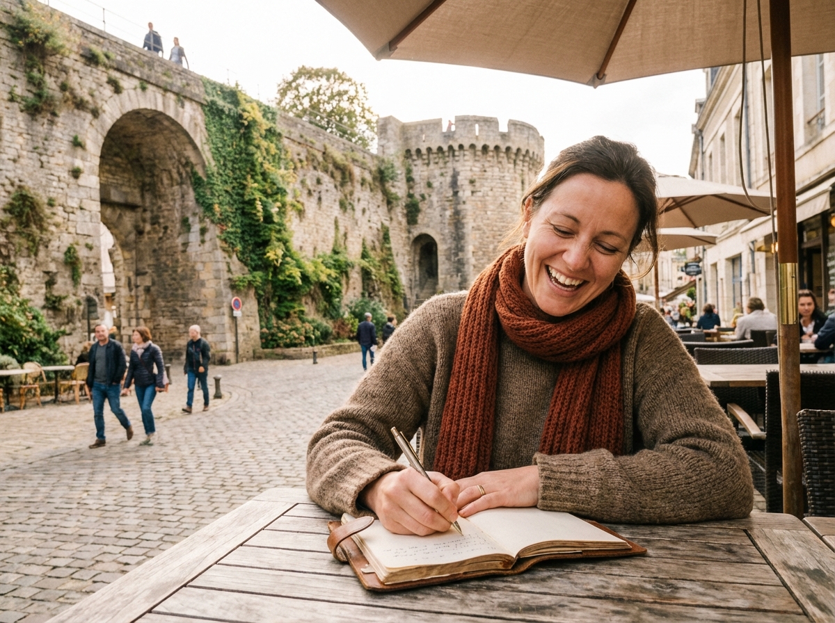 Femme souriante écrivant à un café près des remparts de Le Mans