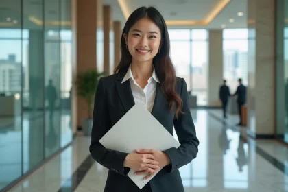 Jeune femme en costume avec certificat dans un bureau moderne
