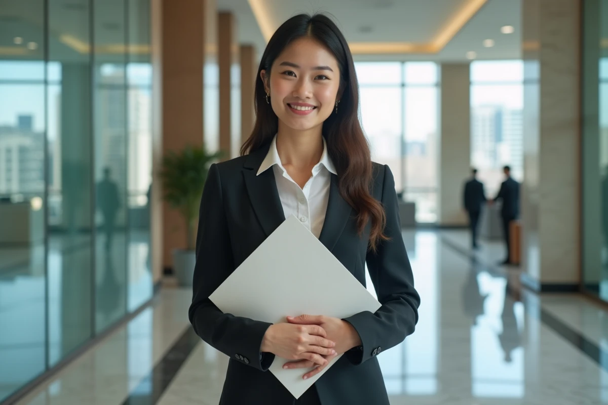 Jeune femme en costume avec certificat dans un bureau moderne