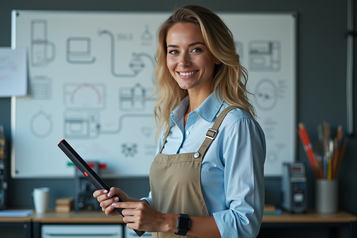 Femme confiante utilisant outils dans atelier technique