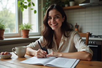 Jeune femme écrivant un long mot dans un livre de mots croises
