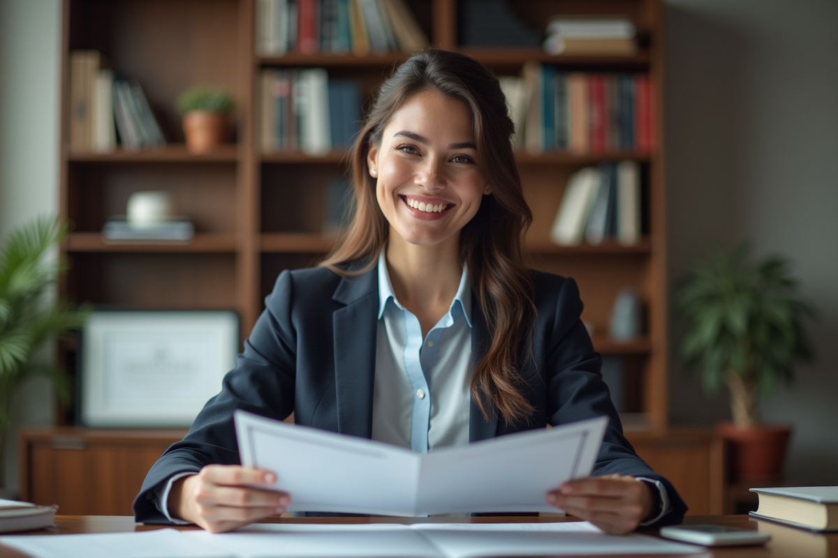 Femme souriante vérifiant ses diplômes au bureau