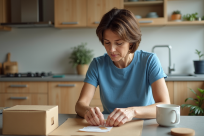 Femme d'âge moyen emballant des cartons dans une cuisine moderne