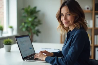 Femme entrepreneur en télétravail consultant un tableau de bord d'automatisation emailing sur son ordinateur portable dans un bureau minimaliste