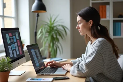 Femme suivant une formation Canva sur son ordinateur portable dans un bureau à domicile moderne