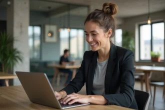 Femme en reconversion professionnelle suivant une formation digitale en ligne dans un espace de coworking parisien moderne