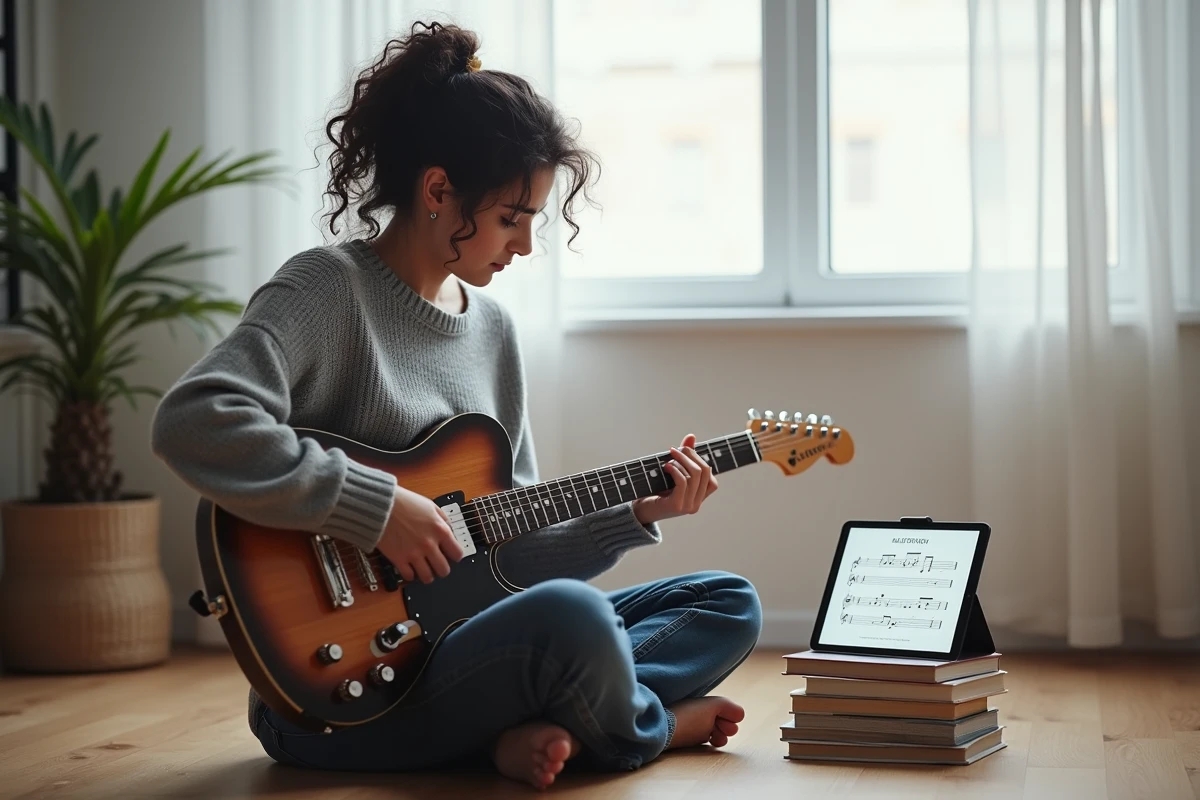 Femme guitariste corrigeant des erreurs de tablature sur une guitare électrique semi-acoustique chez elle
