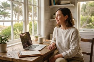Femme en home office lumineuse et détendue