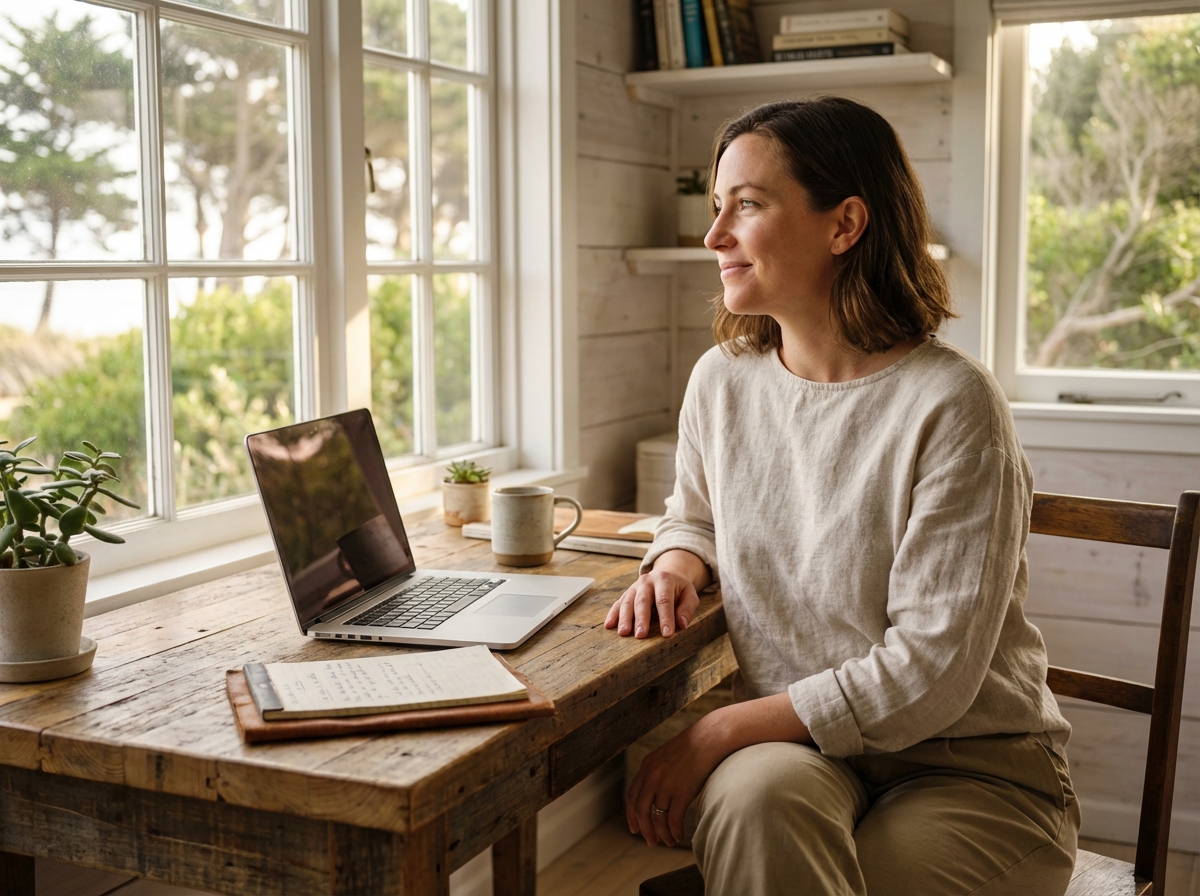 Femme en home office lumineuse et détendue