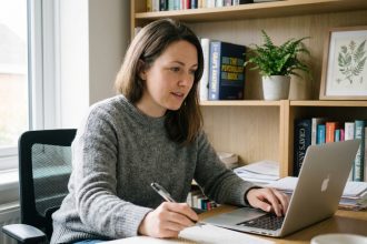 Femme concentrée dans son bureau à domicile en sweater gris