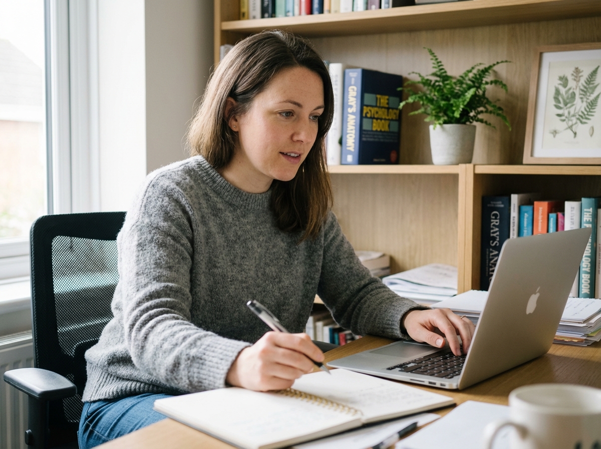 Femme concentrée dans son bureau à domicile en sweater gris