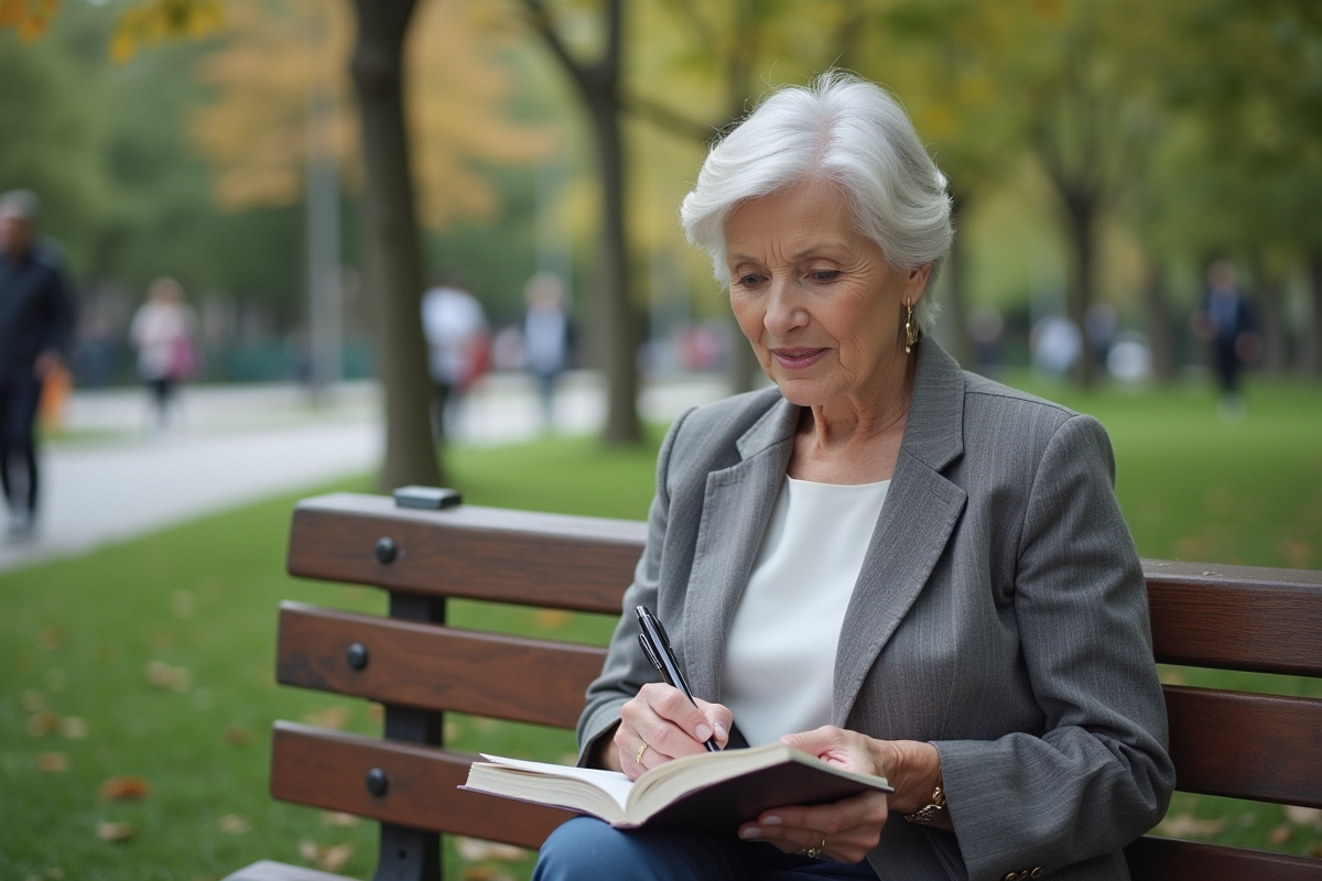 Femme mature lisant notes dans un parc en plein air