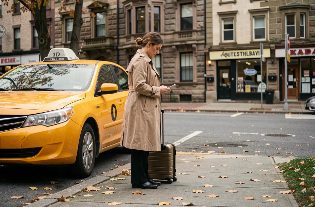 Femme sur le point de partir en voyage avec une valise devant un taxi en ville