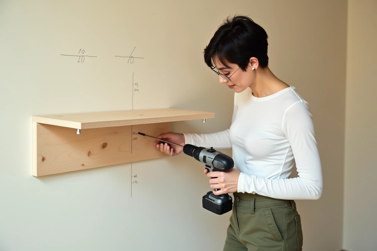 Femme utilisant une perceuse pour installer une étagère chez elle après un stage de bricolage Bricoludik