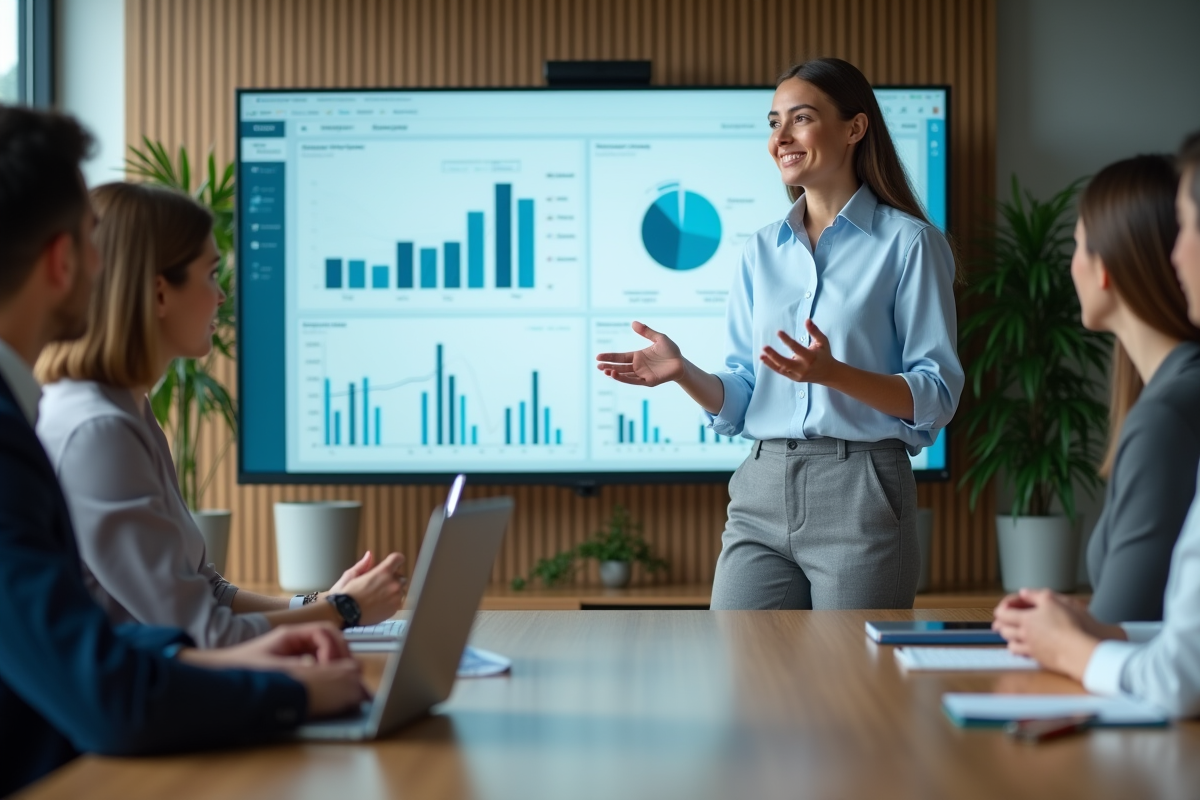 Jeune femme présentant un tableau financier en réunion