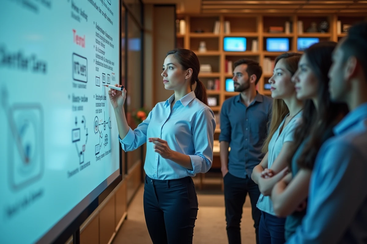 Femme confiante expliquant des diagrammes de cybersécurité en groupe