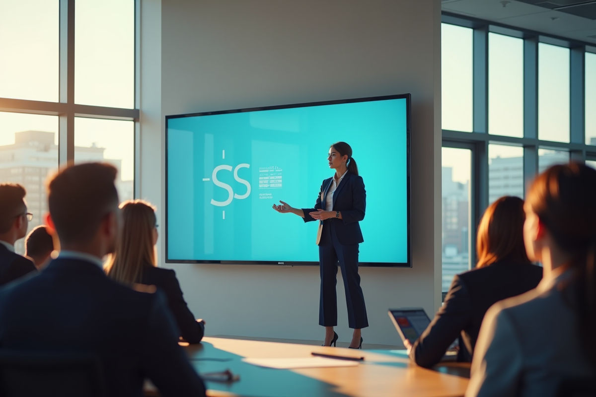 Femme confiante présentant son projet sur un grand écran digital