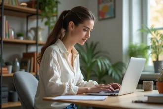Femme en recherche d emploi sur ordinateur dans un bureau lumineux