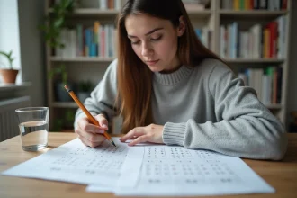 Femme concentrée révisant des tests psychotechniques à son bureau avec des feuilles d'exercices et un crayon à papier
