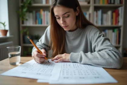 Femme concentrée révisant des tests psychotechniques à son bureau avec des feuilles d'exercices et un crayon à papier