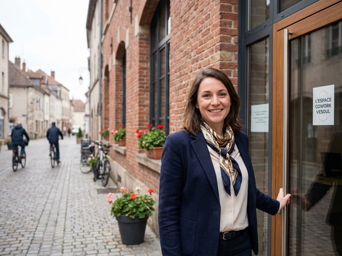 Femme souriante en coworking à Vesoul dans un style hyperrealiste