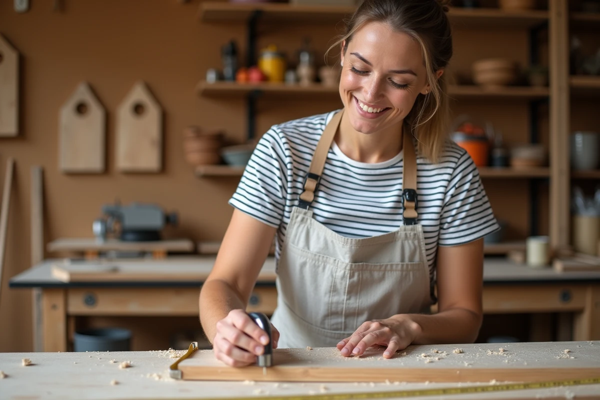 Femme en atelier de bricolage mesurant une planche en bois avec confiance lors d'un stage Bricoludik