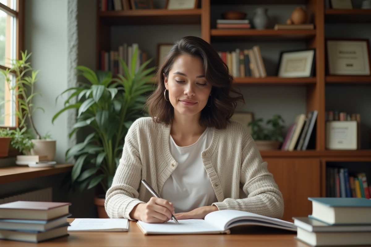 Femme en étude de thérapie avec livres et notes