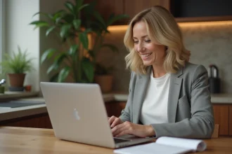 Femme en télétravail lors d'une réunion vidéo à la maison
