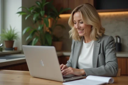 Femme en t&eacute;l&eacute;travail lors d'une r&eacute;union vid&eacute;o &agrave; la maison