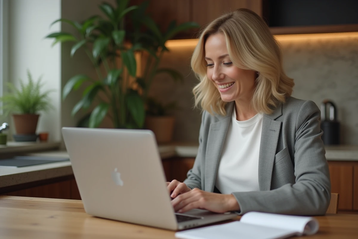 Femme en télétravail lors d'une réunion vidéo à la maison
