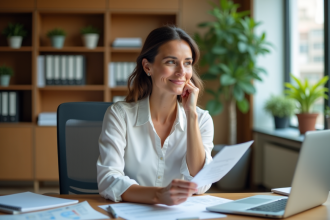 Femme concentrée au bureau avec documents et ordinateur