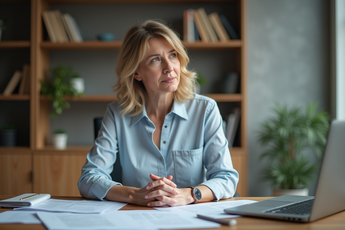 Femme réfléchie au bureau moderne pour article sur {titre}