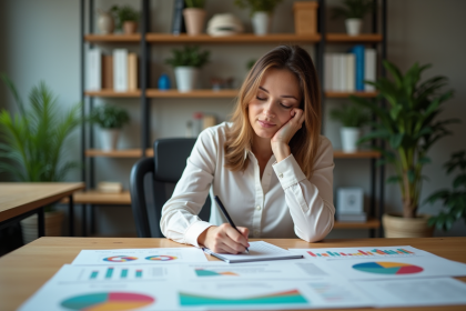 Femme concentr&eacute;e prenant des notes dans un bureau professionnel