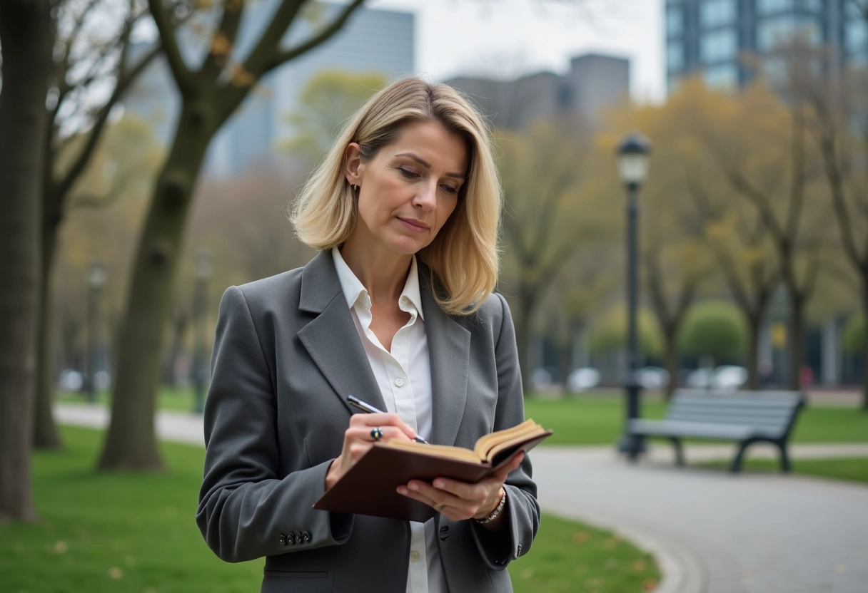 Femme écrivant dans un parc urbain calme