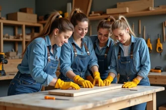 Groupe de femmes en atelier de menuiserie en équipe