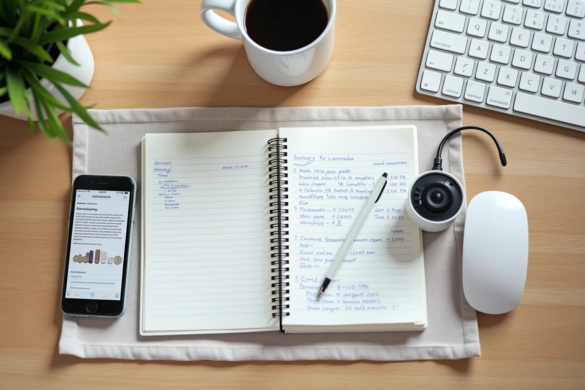 Vue à plat d'un bureau avec smartphone affichant des statistiques d'emailing, carnet de notes marketing et tasse de café pour illustrer une stratégie d'automatisation