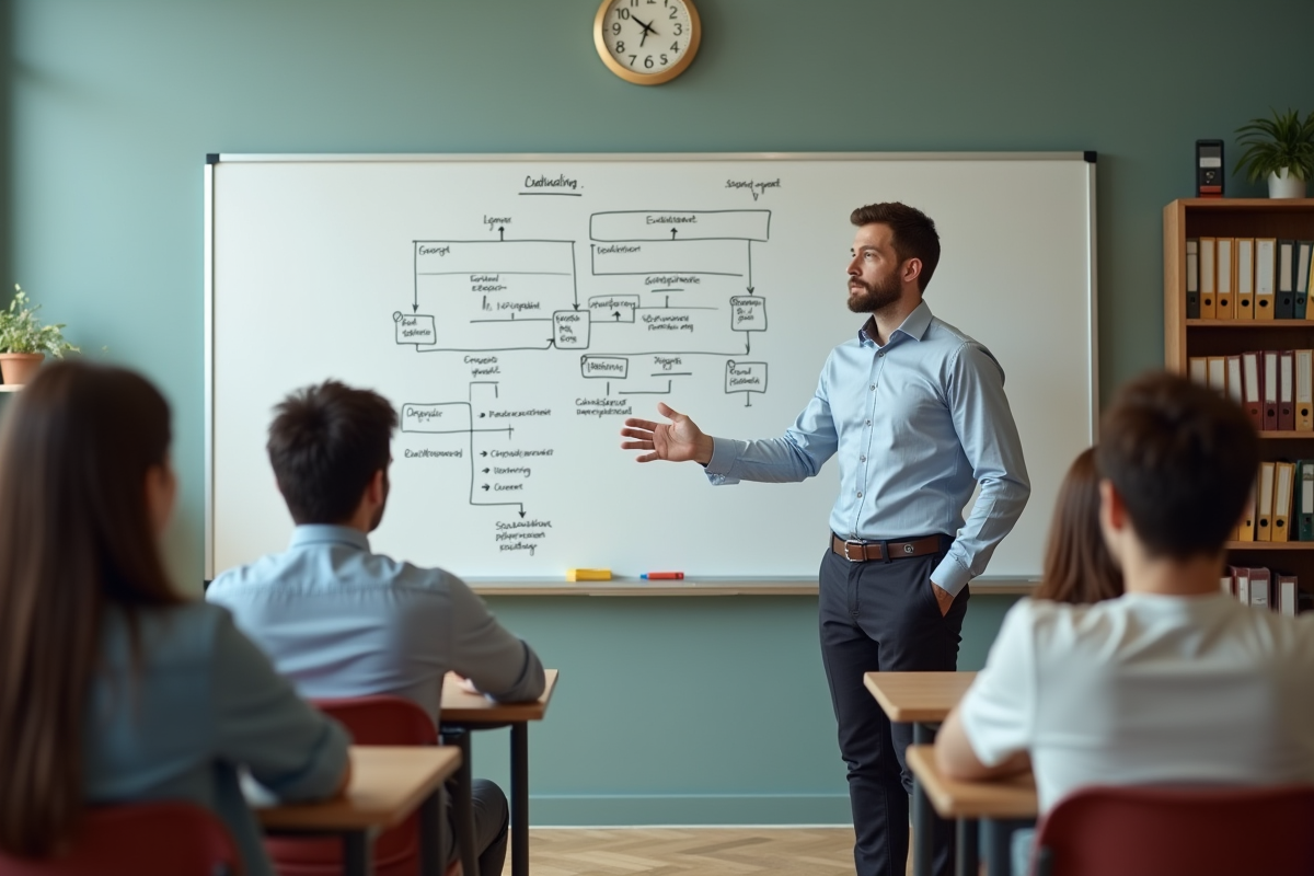 Formateur expliquant un diagramme en classe