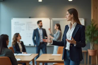 Jeune femme en blazer lors d'une formation en salle