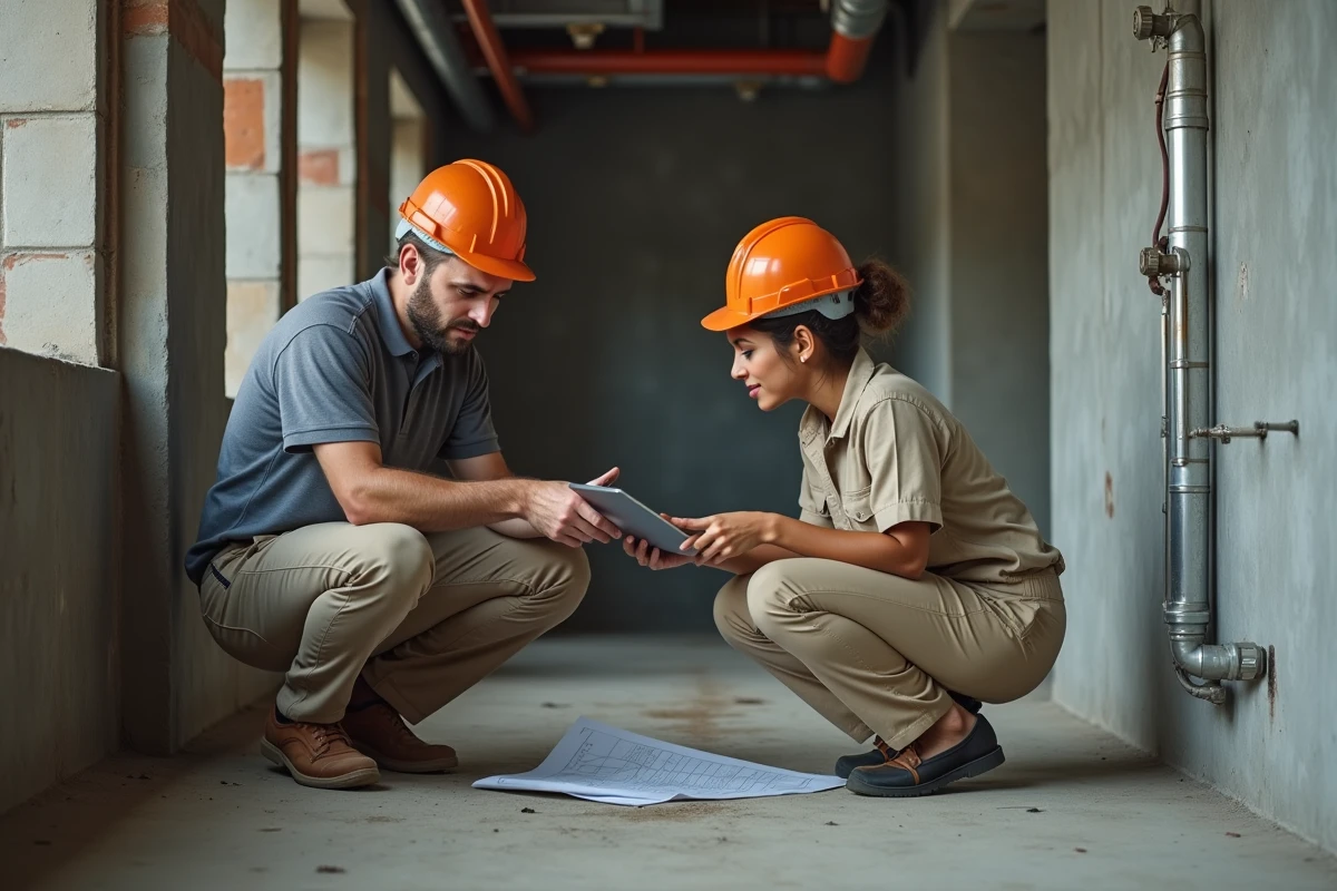 Mentor et apprentie en alternance BTP examinant une installation technique dans un bâtiment en cours de construction